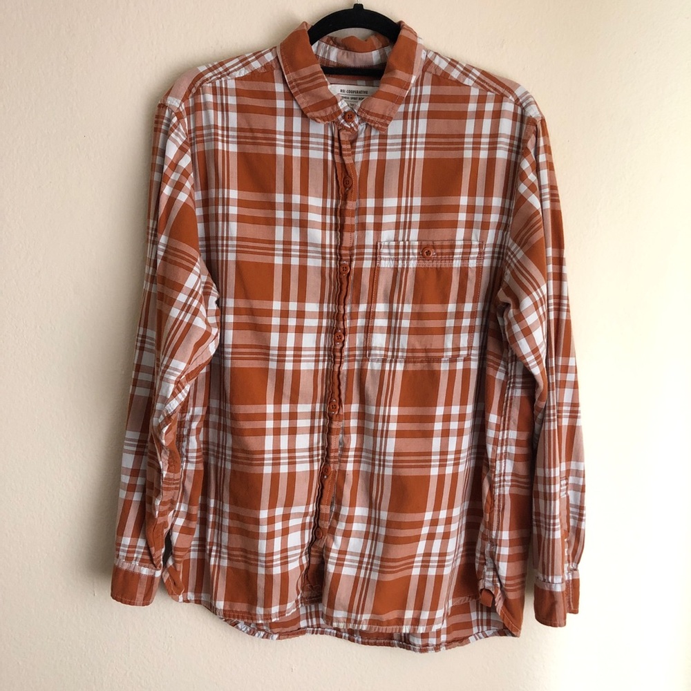 REI Cooperative Women’s Plaid Button Up Shirt Orange 100% Cotton Size Large